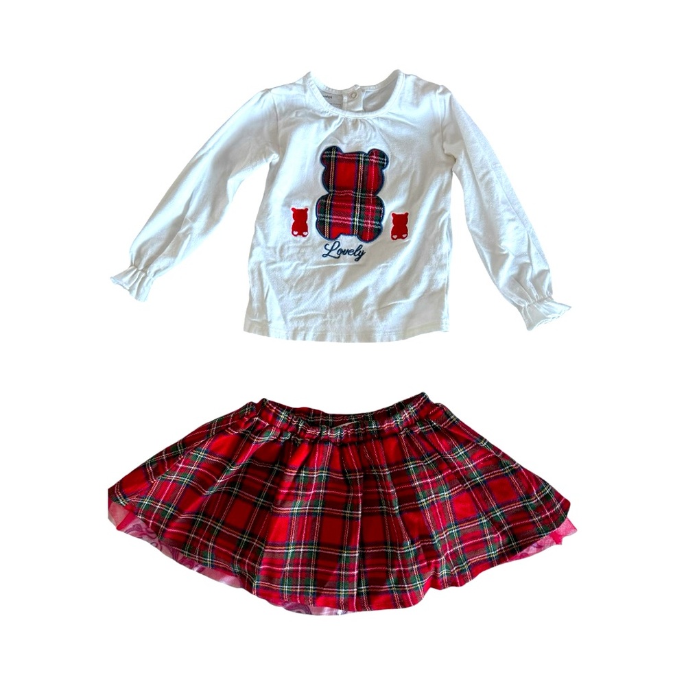 Prenatal Little Girls Two Piece Bear embroidered Top and plaid tutu skirt. 2-3 T